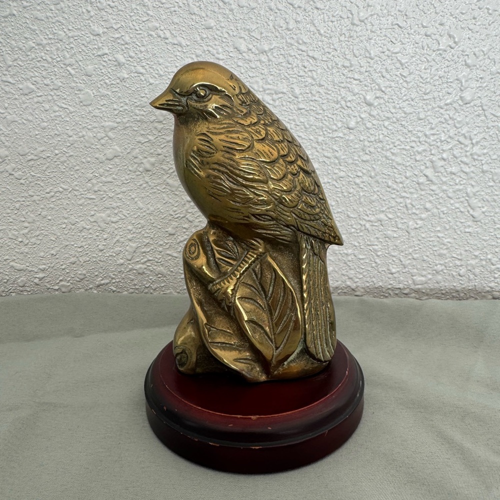 Brass Bird Figurine atop mahogany wood base